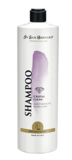 Шампунь Iv San Bernard Cristal Clean для белой шерсти собак и кошек устраняет желтые пятна.